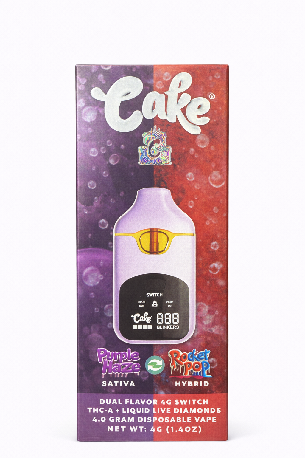 Cake THCA Dual Flavor Switch Disposable Vape 4g Purple Haze Sativa / Rocket Pop Hybrid