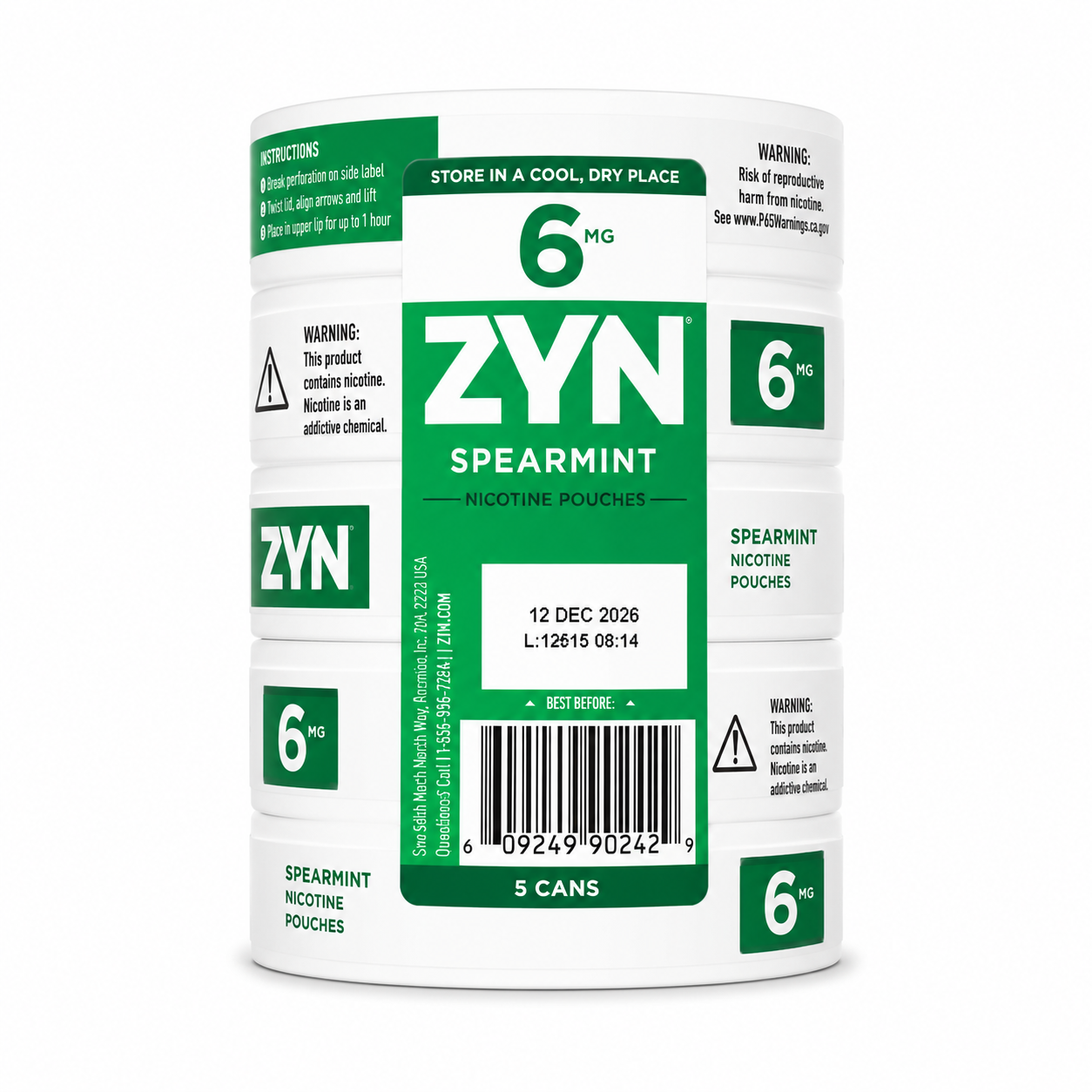 ZYN Nicotine Pouches Spearmint 6MG 5 Cans