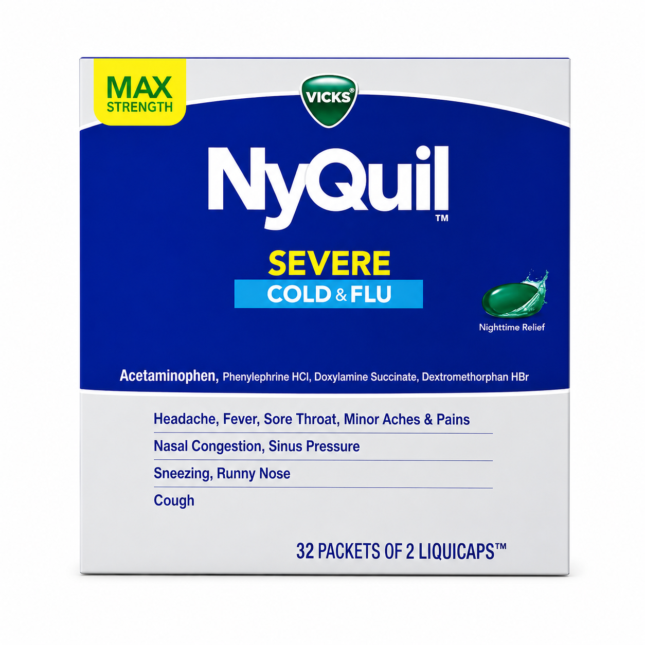 Vicks NyQuil Severe Cold & Flu Liquicaps, Nighttime Cold & Flu Medicine for Adults, 64ct