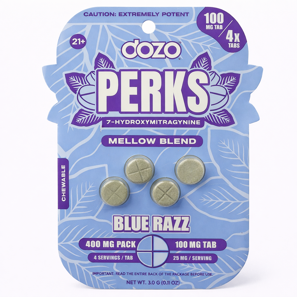 Dozo Perks 7-Hydroxy 100mg Tablet 4ct Pack Blue Razz
