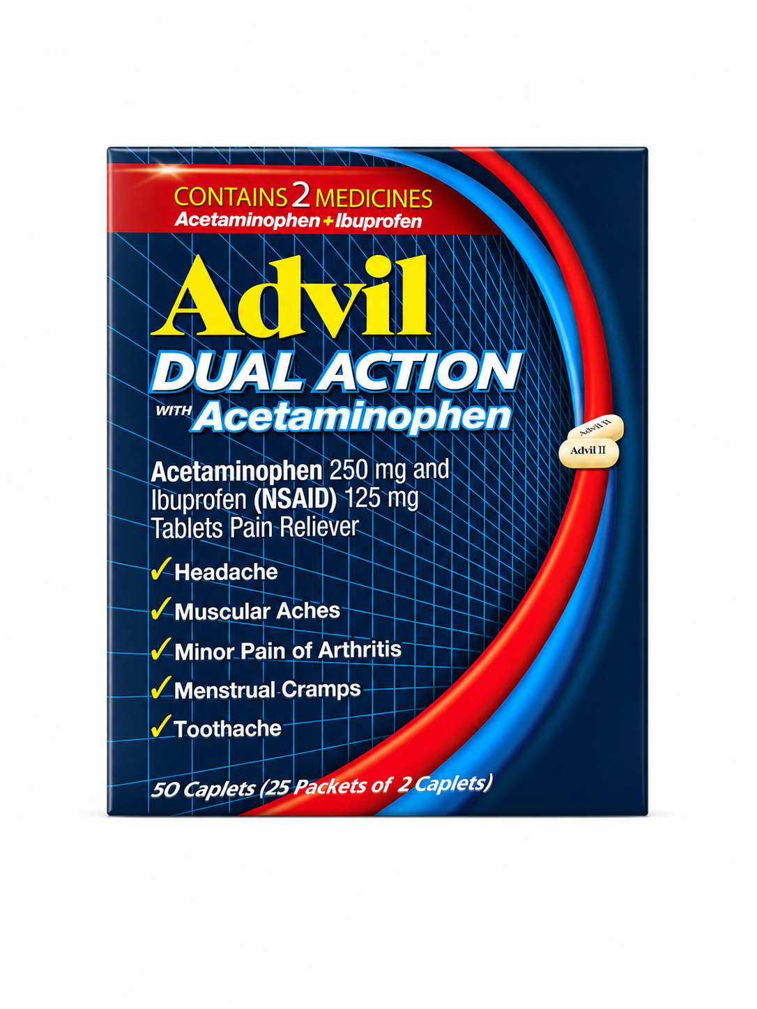Advil Dual Action Coated Caplets with Acetaminophen, 250 Mg Ibuprofen and 125 Mg 50ct