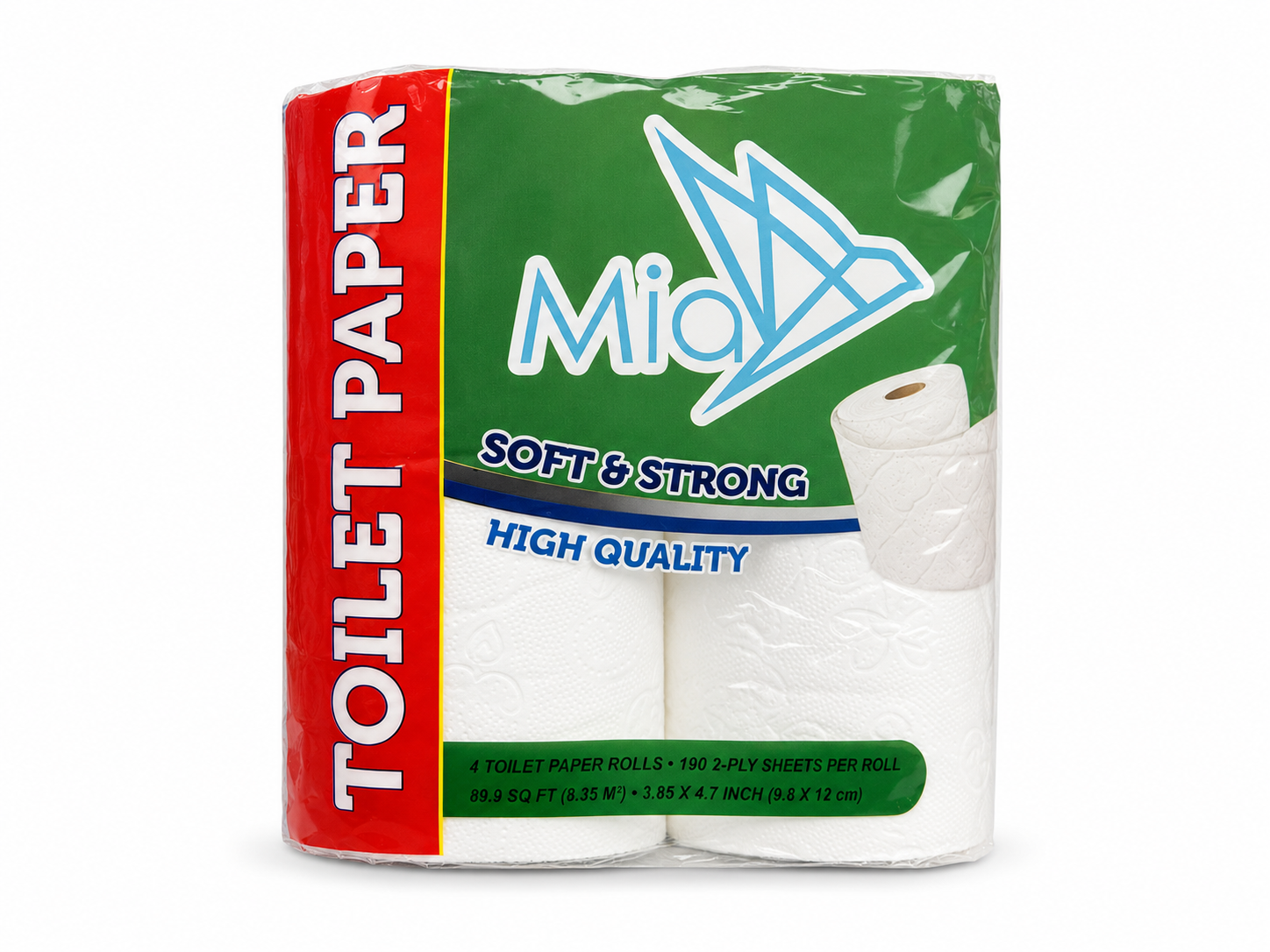Mia Septic Safe Toilet Paper, 2 Ply 190 Sheets/Roll, 4 Rolls per Pack