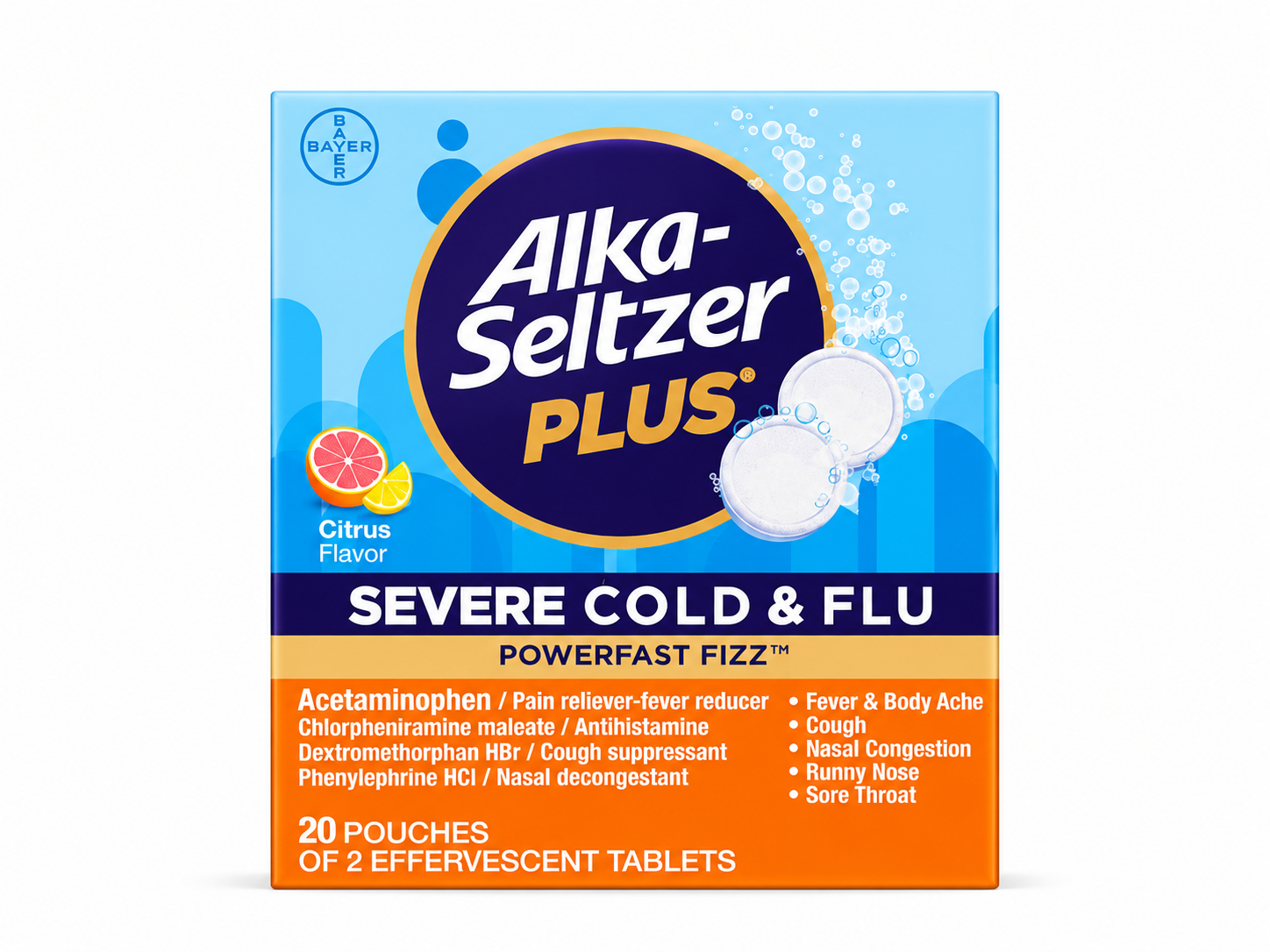 Alka-Seltzer Plus Powerfast Fizz Severe Cold & Flu Medicine, Citrus Effervescent Tablets, 40Ct
