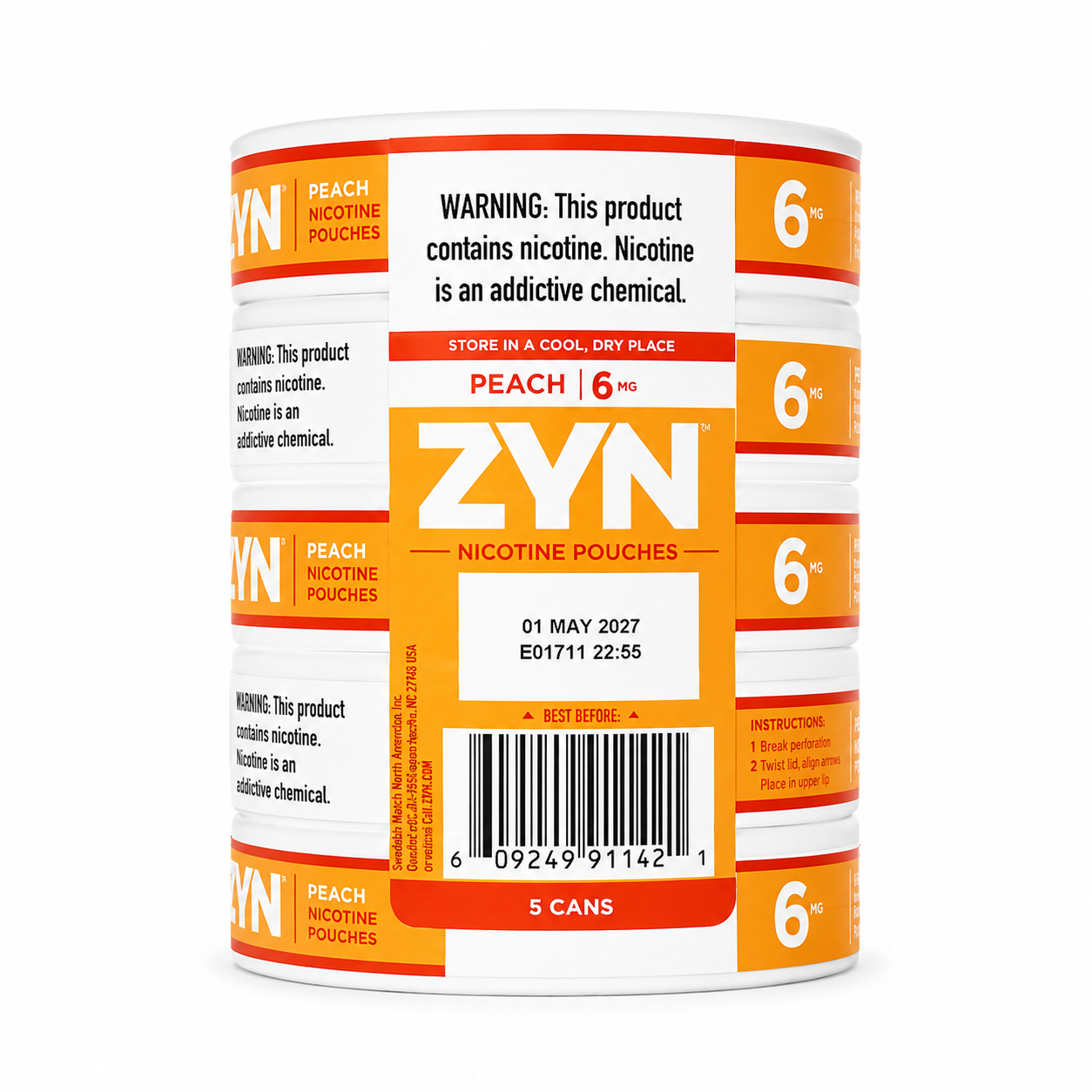 ZYN Nicotine Pouches Peach 6MG 5 Cans