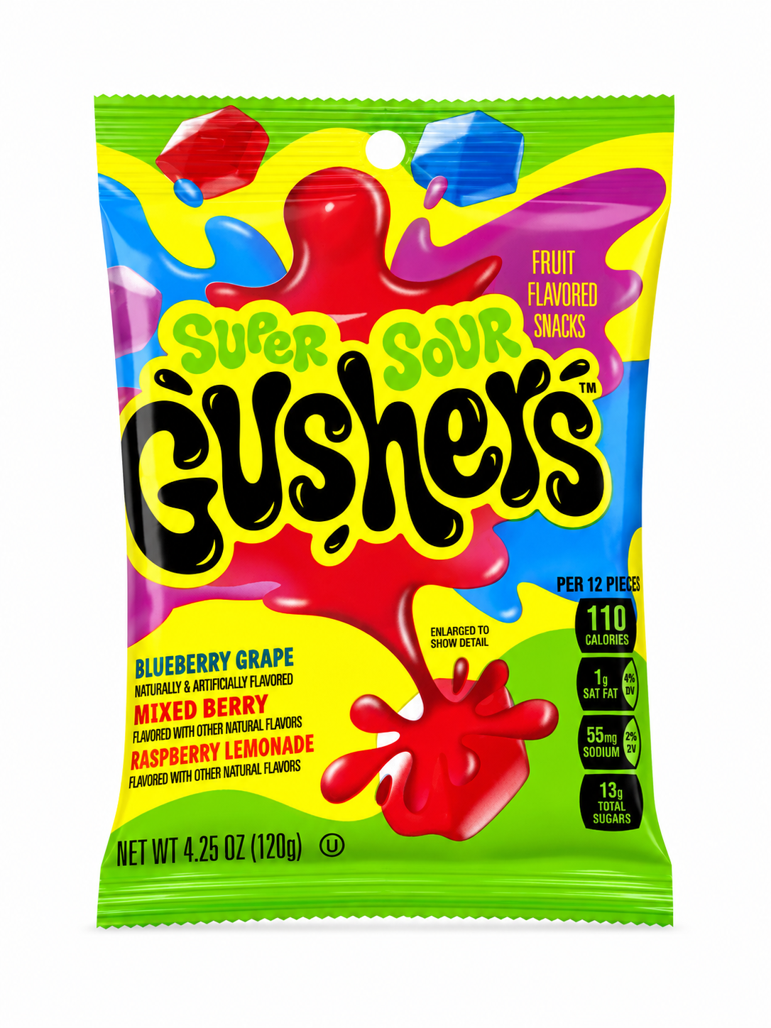 Gusher Super Sour 3 Flavors Blueberry Grape, Mixed Berry And Raspberry Lemonade 4.25oz